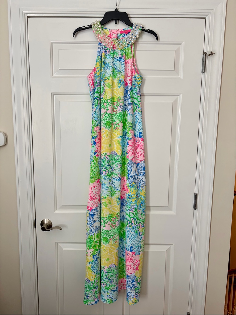 RARE Lilly Pulitzer Shawn Bead Pearl Neck Maxi Halter Dress Cheek to Cheek Small - Picture 2 of 4